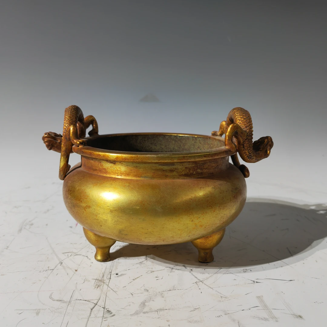 紫铜鎏金双龙耳香炉摆件