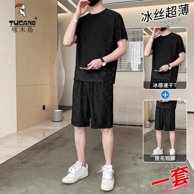 TUCANO/啄木鳥冰感休闲套装男士夏季短袖t恤短裤潮牌弹力薄款一套