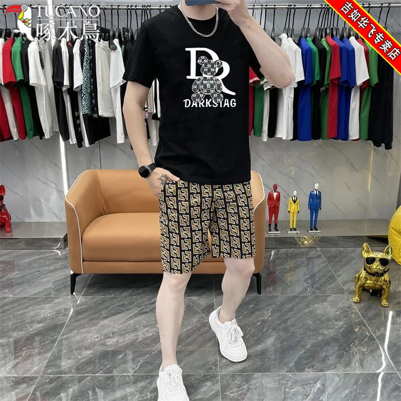 啄木鳥夏季短袖短裤休闲运动套装修身百搭运动个性潮男宽松