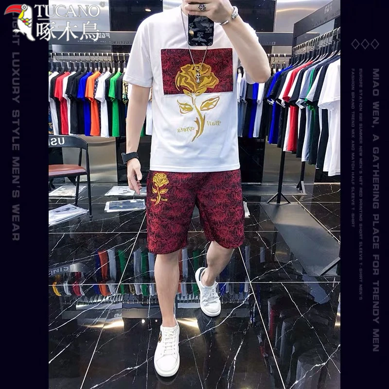 啄木鸟欧货套装夏季男士刺绣痞帅高端t恤两件套休闲裤短裤凉感