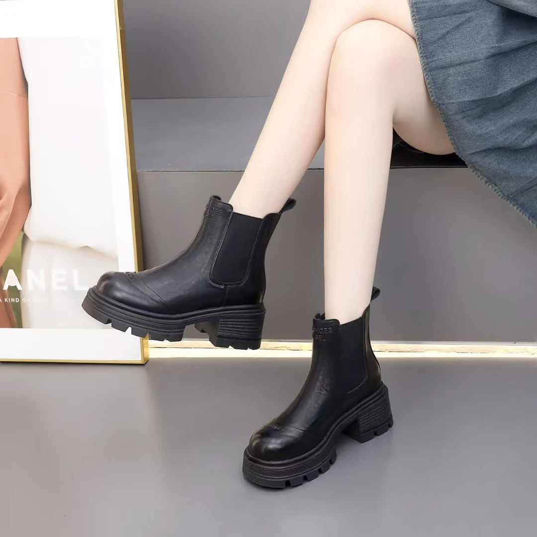 6660新款时尚百搭厚底加绒加厚英伦风粗跟短靴