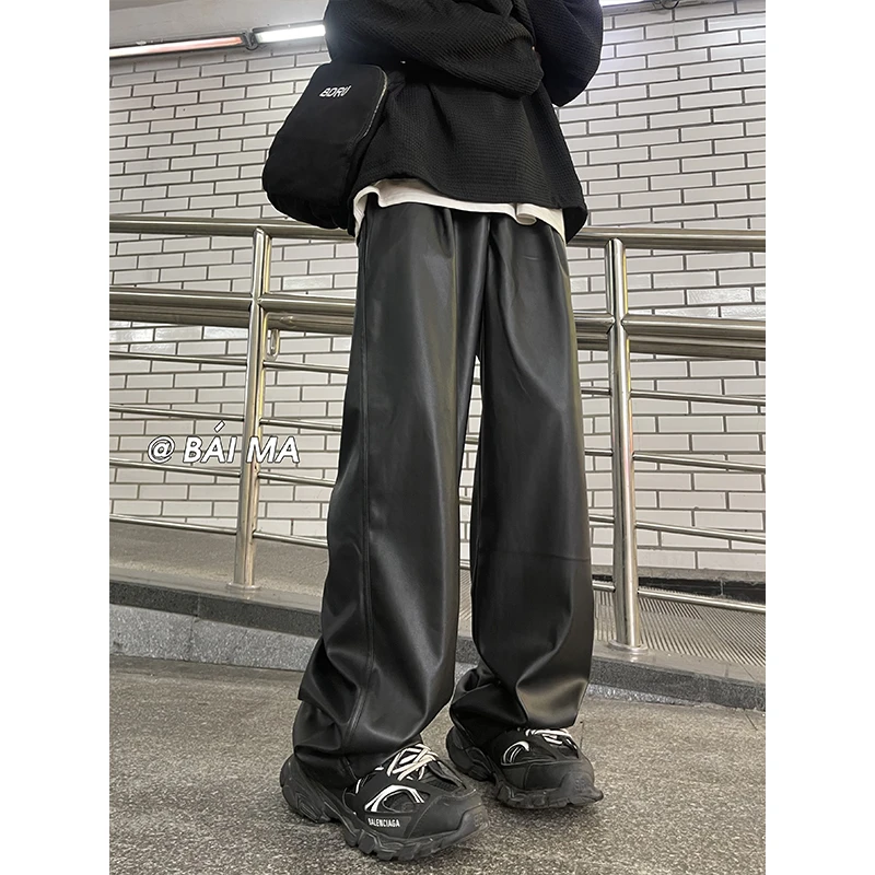 咖色皮裤男款宽松直筒痞帅高级感休闲裤子美式复古高街vibe机车裤