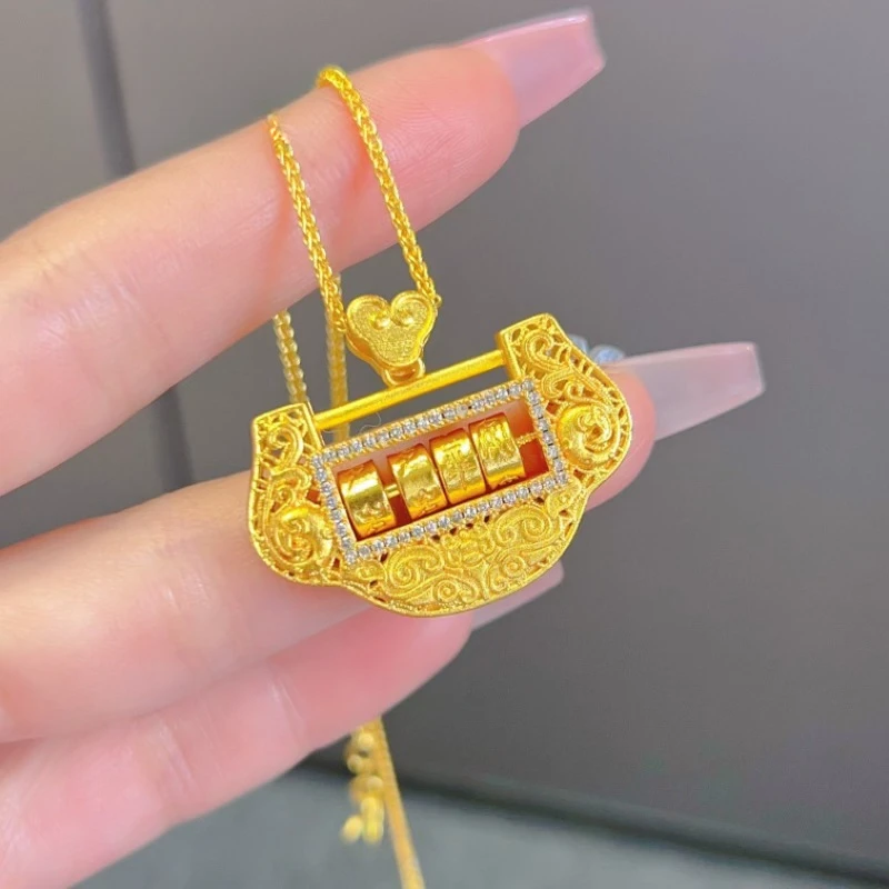 铜合金项链 XL5070 岁岁平安如意锁包项链古法点钻可转动平安福锁