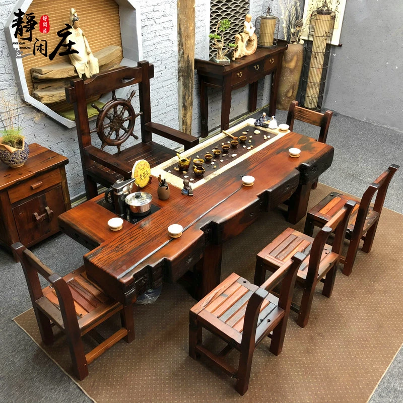 实木功夫茶桌椅组合老船木泡茶台仿古石槽个性中式茶几古船木家具