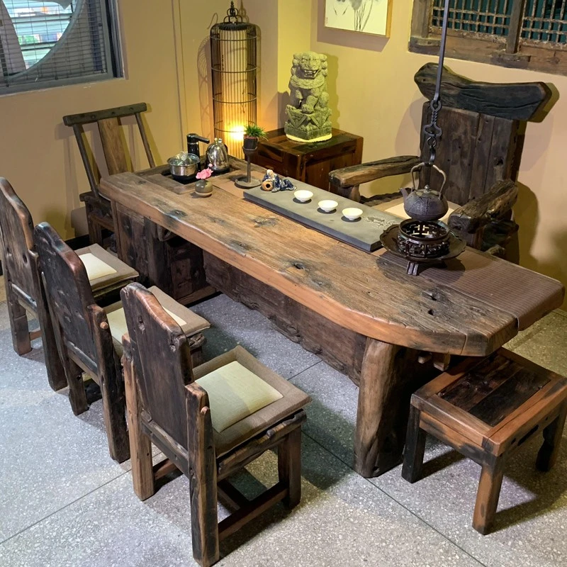 老船木茶室桌椅组合套装一体客厅喝茶室几实木新中式办公室泡茶台