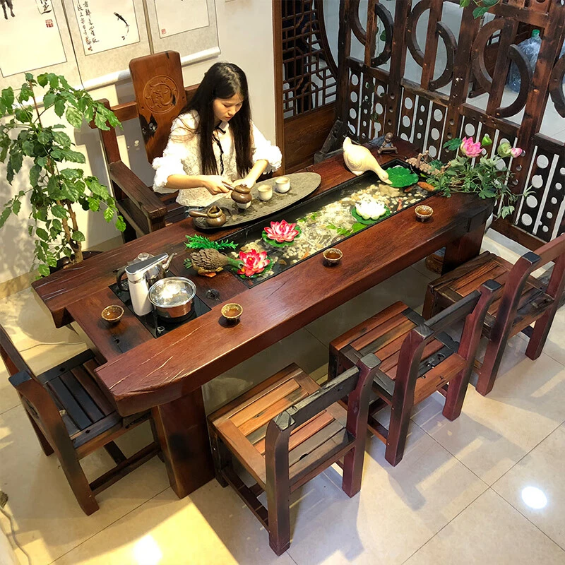 老船木茶桌椅组合循环禅意流水茶台养鱼客厅现代中式功夫泡茶茶几