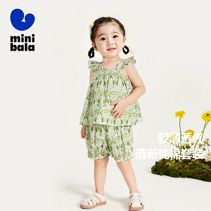 迷你巴拉女童背心短裤两件套纯棉夏季短袖套装轻薄透气