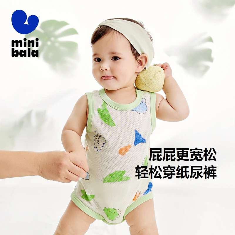 迷你巴拉夏新生轻薄透气连体衣宝宝薄款无袖