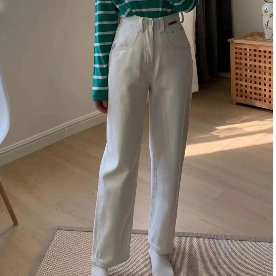 高腰牛仔裤女2023新款米白色裤子直筒裤显瘦百搭时尚水洗宽松休闲