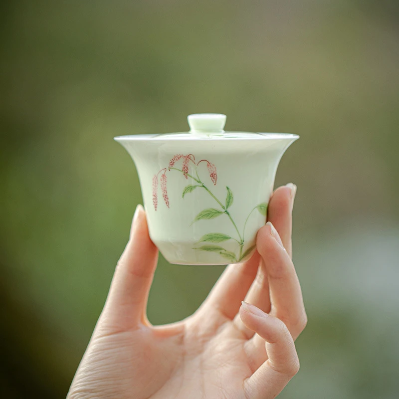 瓷造 风信子手绘二才盖碗女士茶具文人泡茶碗薄胎家用可悬停盖碗