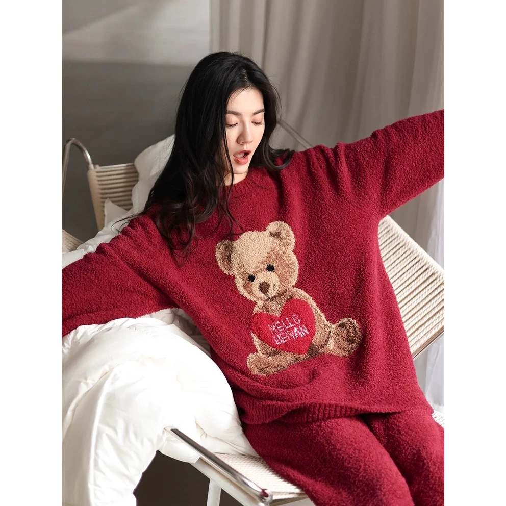 女士半边绒家居服套装长袖红色宽松加厚保暖圆领卡通加绒睡衣秋冬