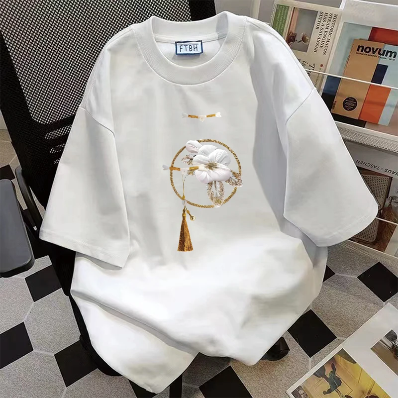 新中式100%遮肉短袖T恤女胖mm宽松显瘦大码国风印花重磅多色上衣