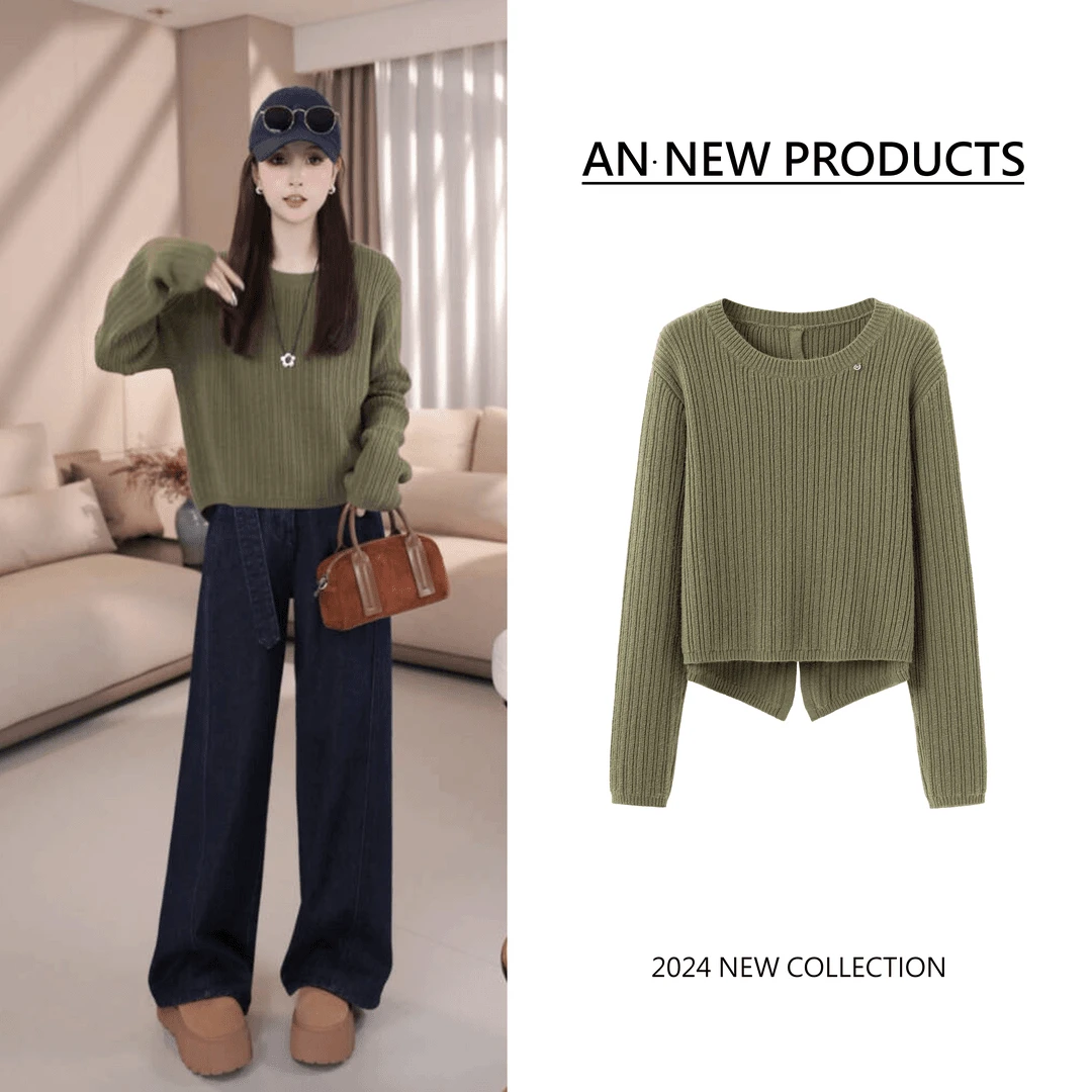 秋冬新款时尚设计感后开又百搭套头针织毛衣