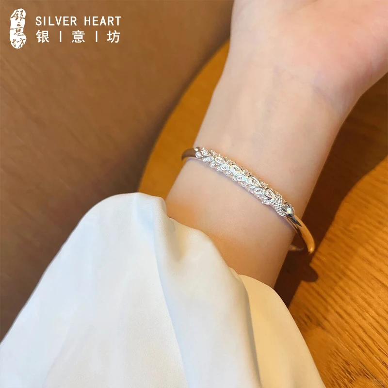 足银手镯 孔雀银手镯女9999小众实心银镯子生日礼物送妈妈长辈