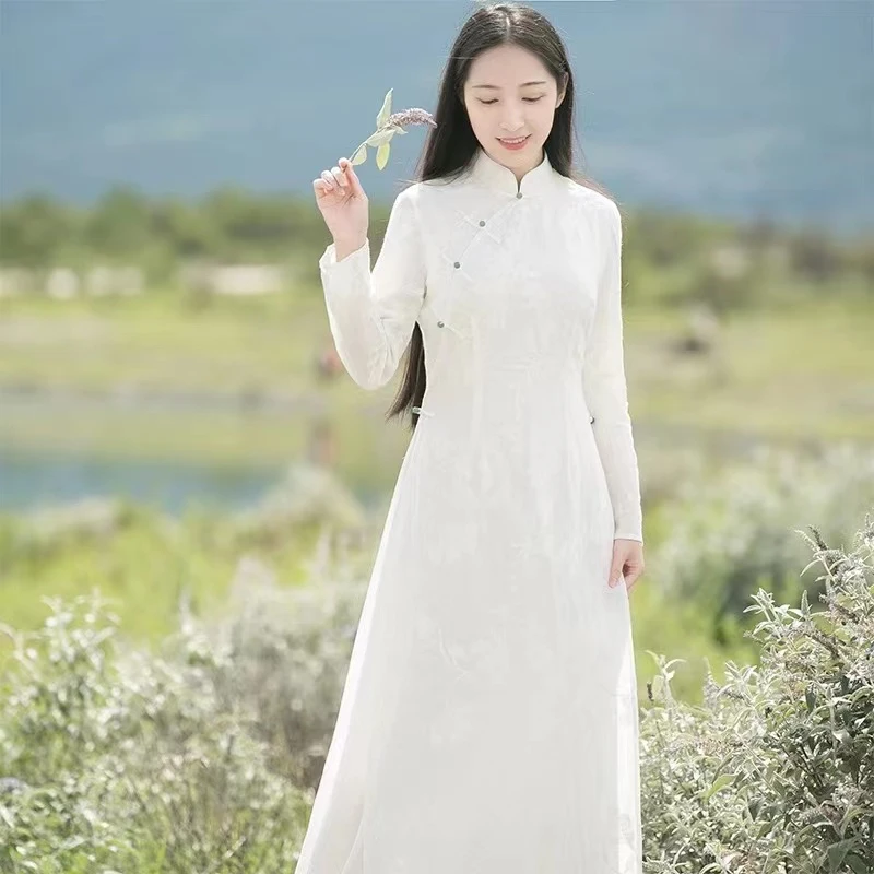 中式白色禅意茶服服装禅服女仙气秋冬高端打底收腰茶艺师连衣裙
