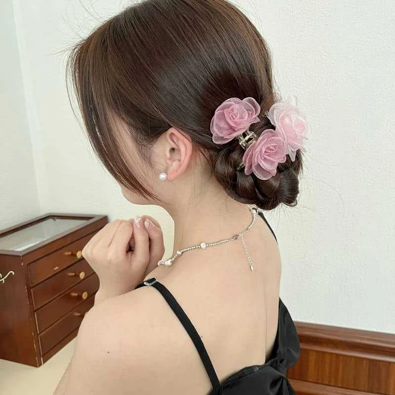 新款超仙网纱花朵小抓夹刘海夹高级优雅气质半抓夹甜美鲨鱼夹批发