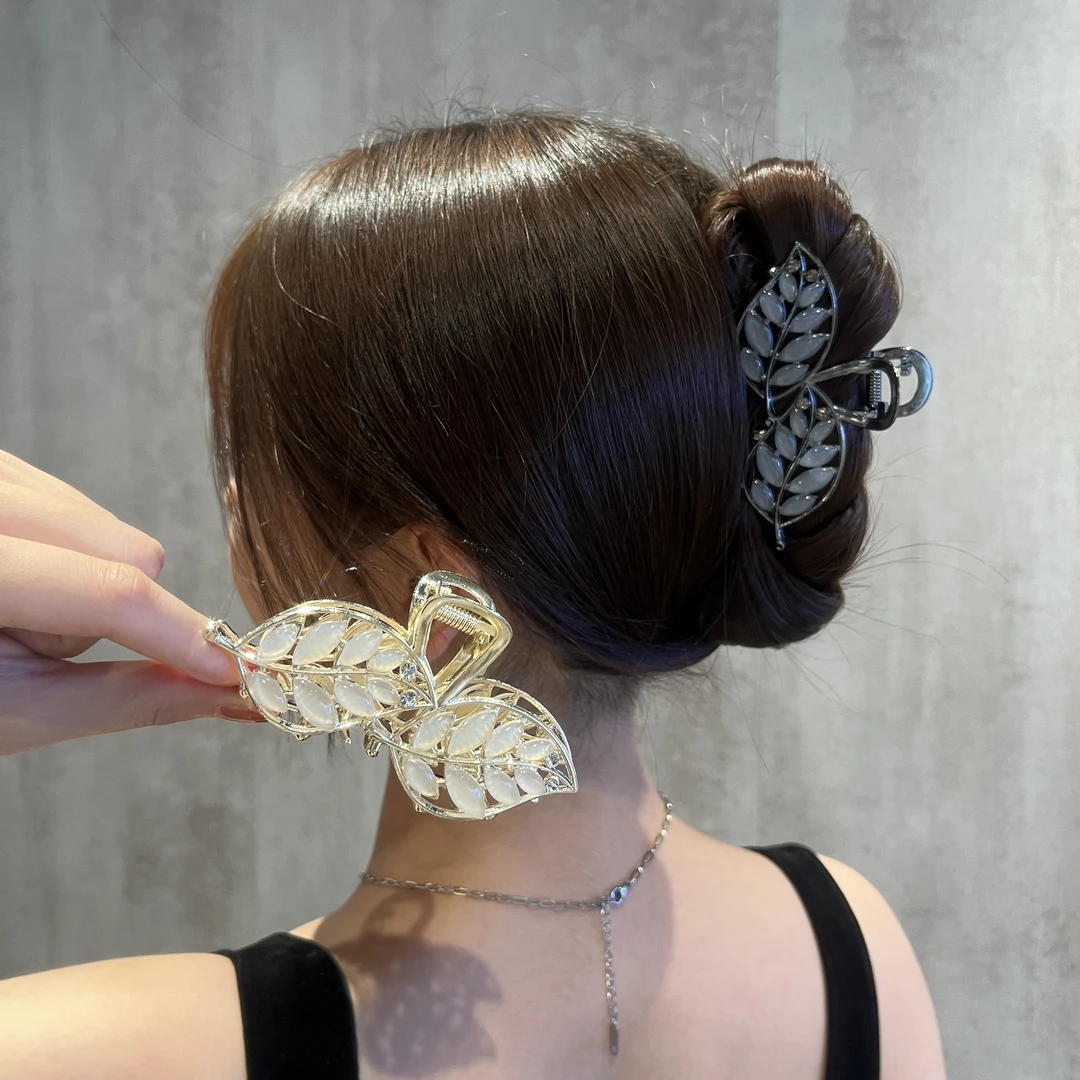 铜合金发饰 高级感树叶抓夹后脑勺猫眼石韩版设计女金枝玉叶头饰