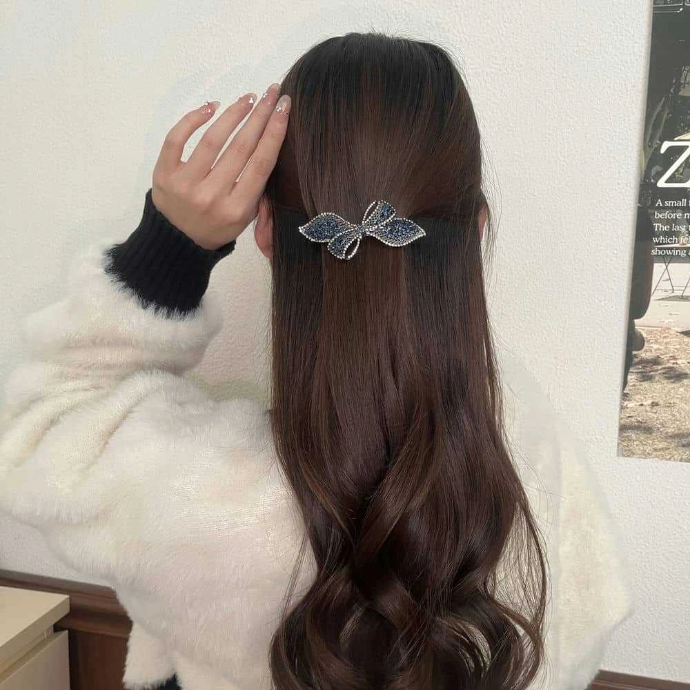 锌合金亚克力发饰 闪亮墨蓝色弹跳夹蝴蝶结女后脑勺妈妈款弹簧夹
