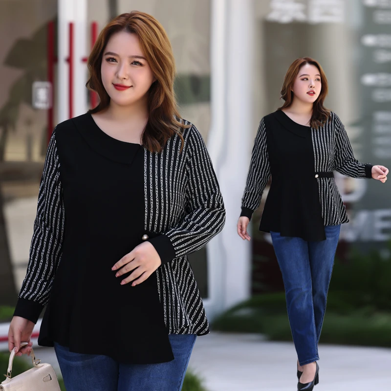 2025秋季大码女装气质雪纺衫新款胖mm遮肚收腰不规则拼接长袖上衣