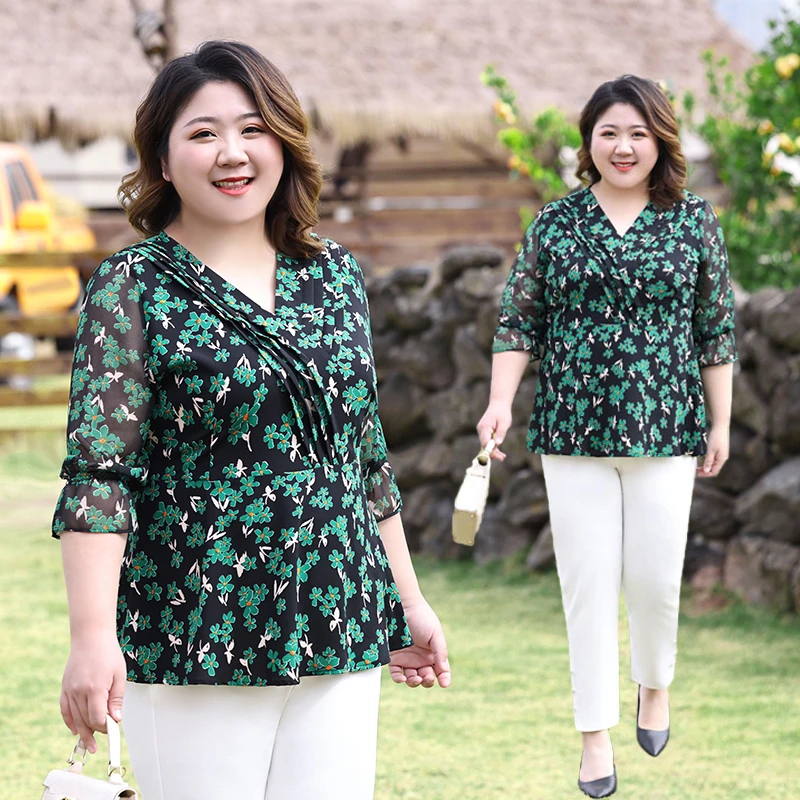 大码收腰雪纺衫女2025春季新品胖妹妹遮肚显瘦V领百搭七分袖上衣