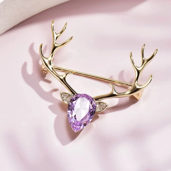 铜合金合成锆石胸针 发财有鹿小鹿时尚气质百搭紫色简约胸针664
