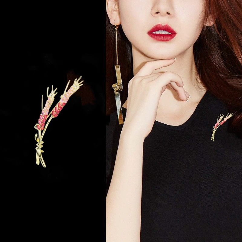 铜合金合成锆石胸针   ZH丰收金麦穗高档奢华时尚百搭红色胸针628