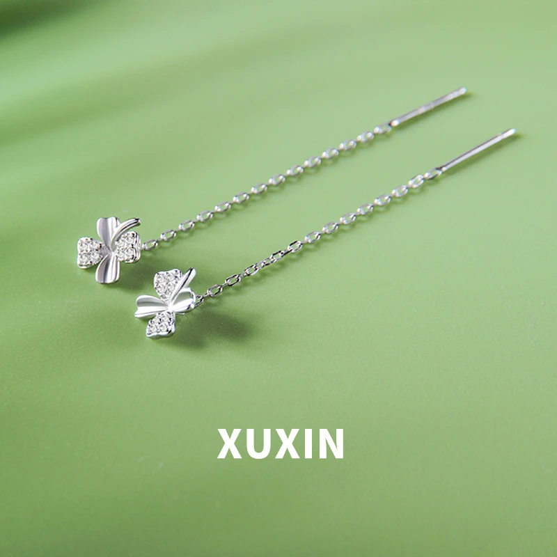 足银耳饰 999纯银耳线轻奢四叶草小清新甜美气质百搭小众耳坠B13