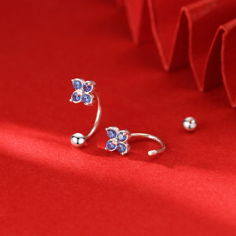 925银耳饰 纯银耳钉女蓝色四叶草气质时尚花朵精致百搭弯钩ED218