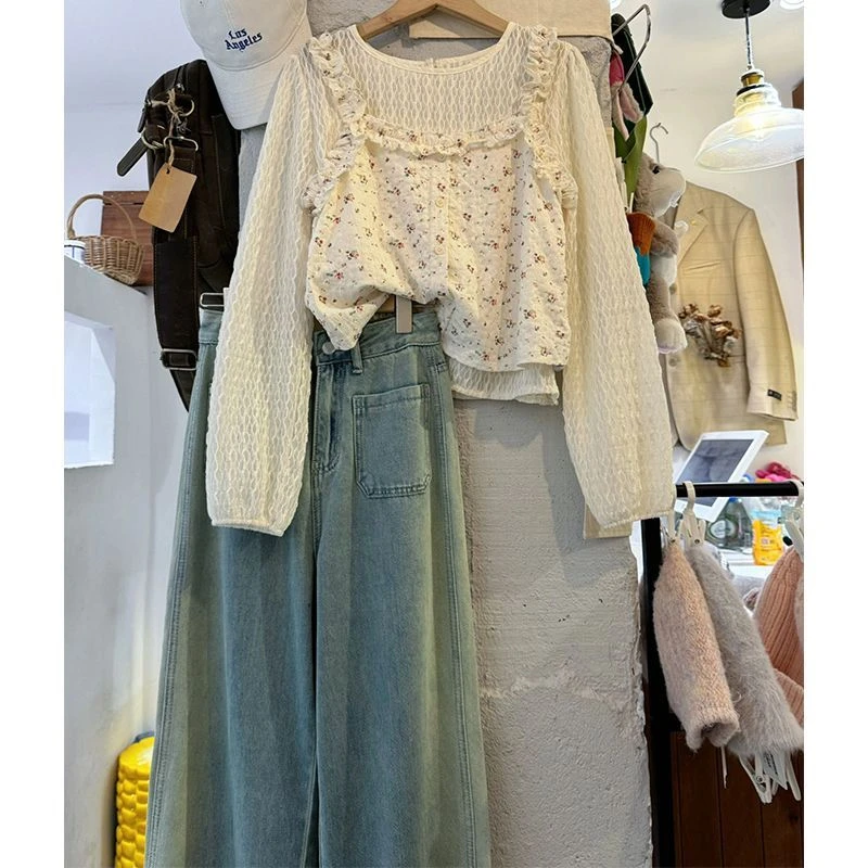 秋季一整套穿搭女2024新款小众甜美碎花吊带上衣宽松牛仔裤三件套