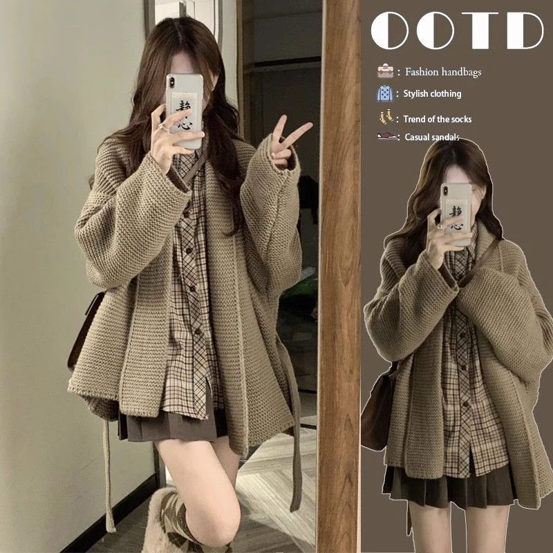 秋季温柔系穿搭女2023新款韩版时尚甜妹衬衫毛衣高腰半身裙三件套