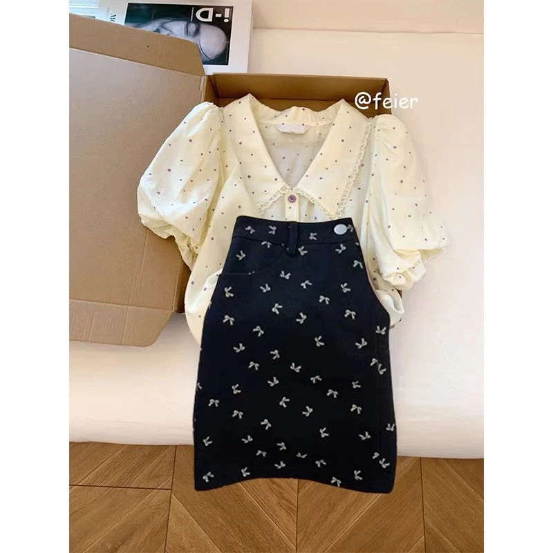 夏季一整套穿搭女2024新款甜美减龄波点上衣收腰显瘦半身裙两件套