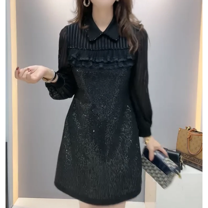重工艺烫钻娃娃领长袖修身显瘦小黑裙百搭洋气秋季新款中长连衣裙