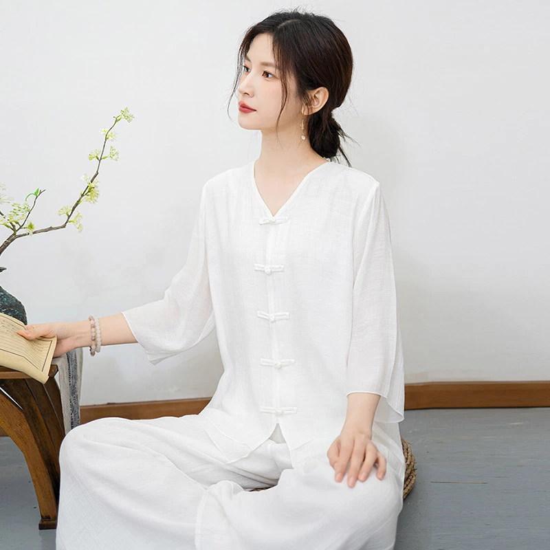 佛系素衣中长款居士服禅意打坐练功服套装养生服新中式盘扣茶服夏