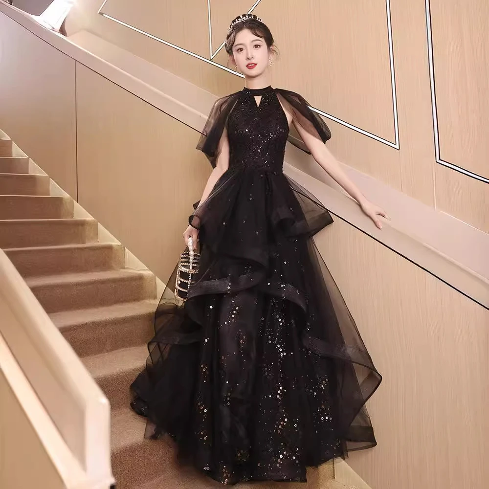 日常可穿黑色晚礼服宴会2025春季新款气质女孩成年礼礼服挂脖仙气