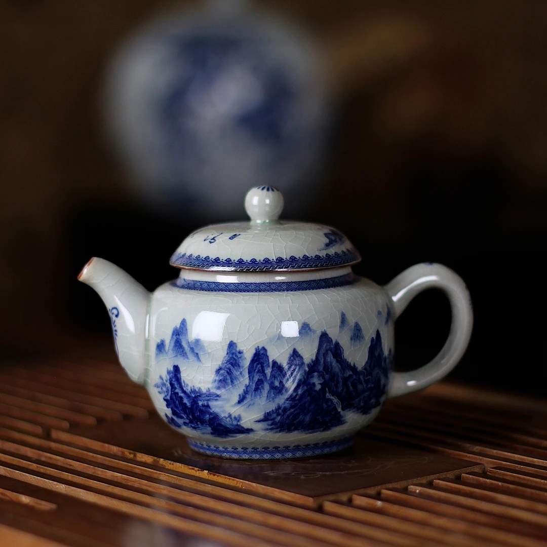 景德镇高温手工陶瓷茶具高档老陶泥茶壶--千里江山图