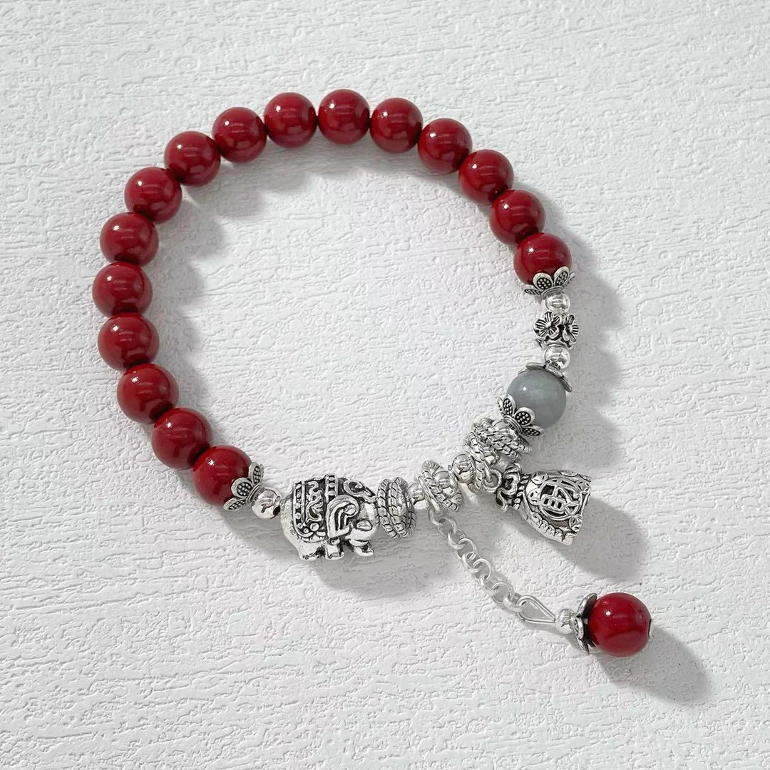 含辰砂工艺品木木（RZ5930) 复古做旧小象钱袋子珠子朱砂弹力手串