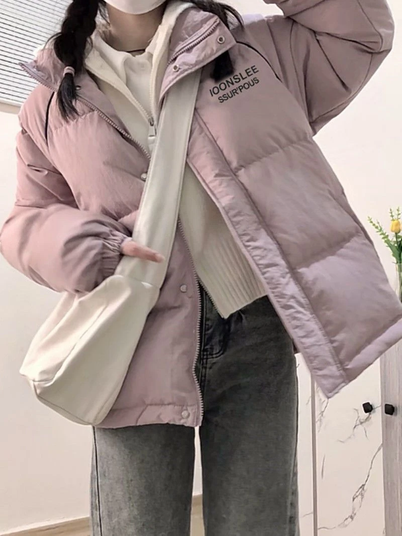 学院风粉色保暖字母印花立领面包服棉衣外套女冬季ins加厚棉服潮