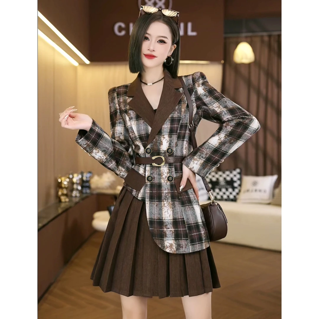 XI2024秋连衣裙收腰气质小香风拼接高级感修身格子西装裙子C5261