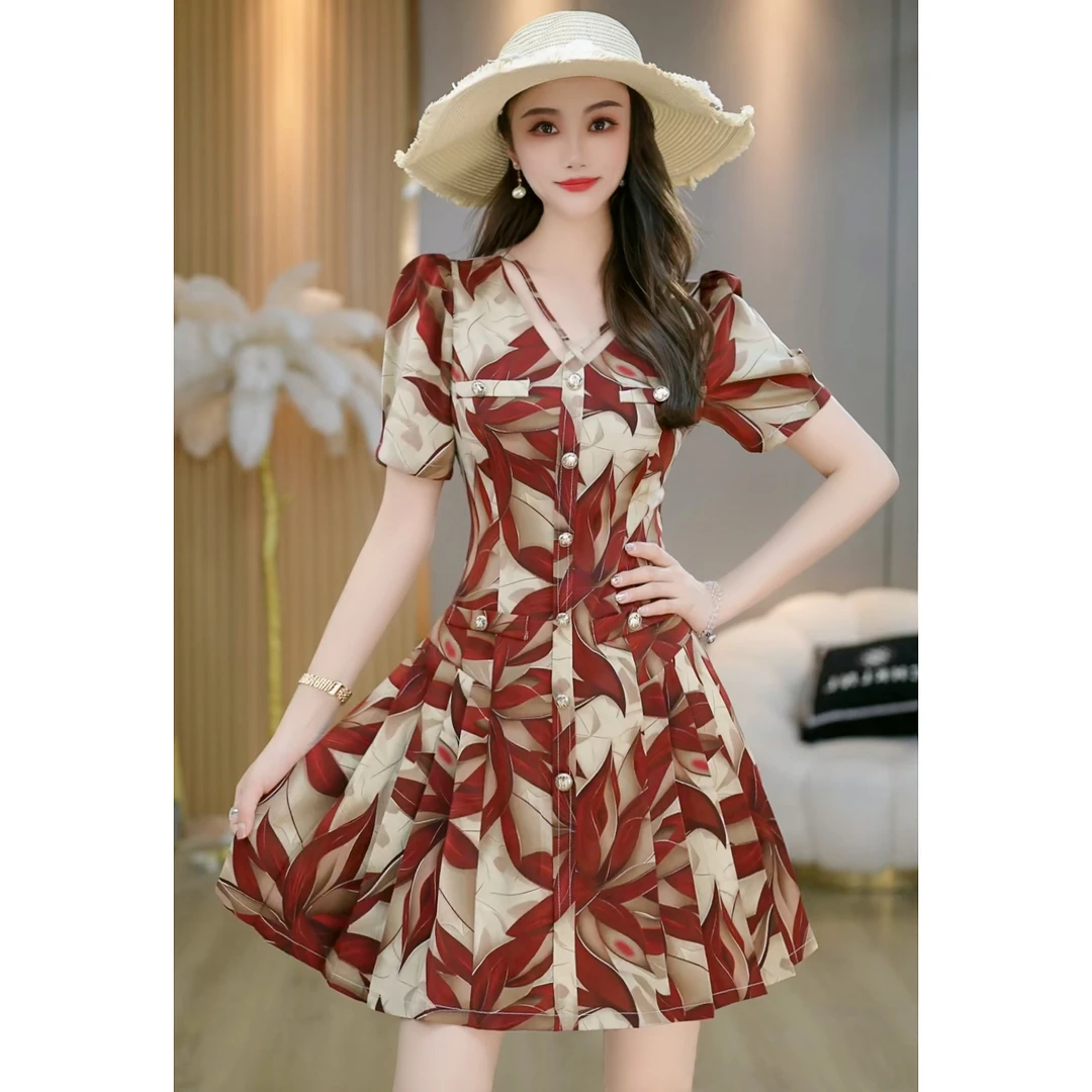 【疏林红叶】复古减龄气质茶歇小众a字收腰显瘦连衣裙 B5518