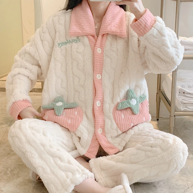 珊瑚绒睡衣女秋冬季开衫保暖加绒加厚套装女士2024年新款家居服冬