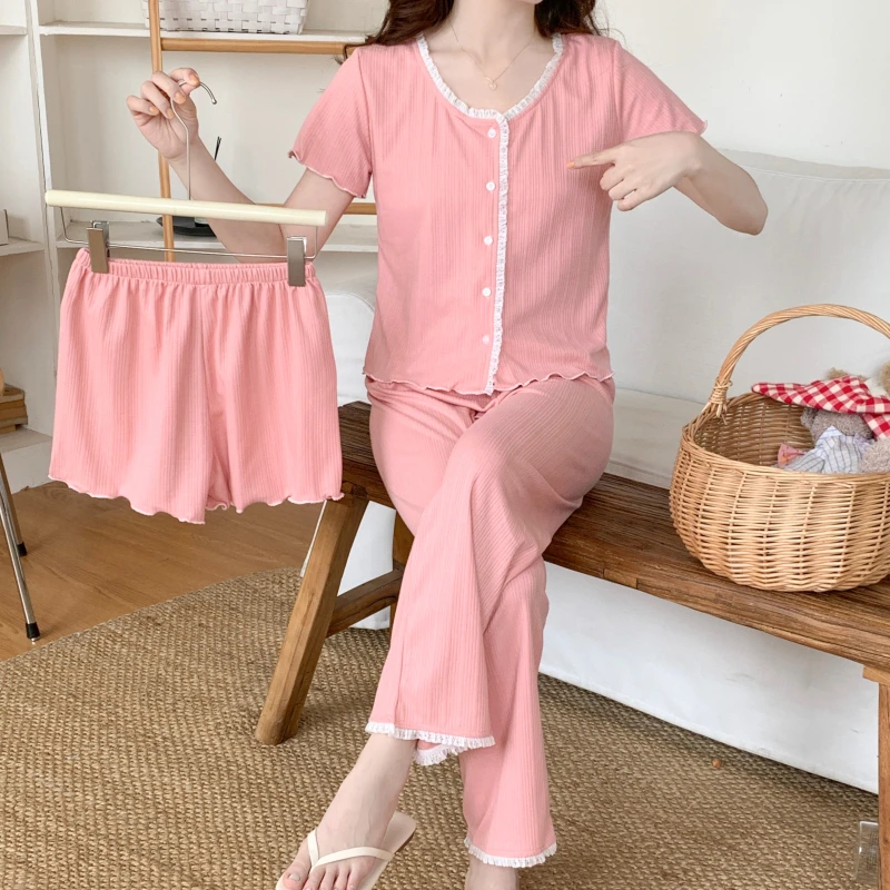 薄款春夏季短袖长裤睡衣女开衫花边三件套甜美可爱家居服女套装