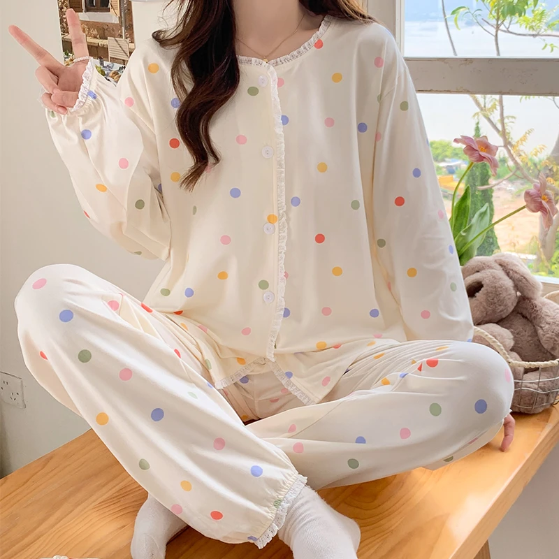 睡衣女士春秋冬季彩点长袖简约高级感套装2024新款网红爆款家居服
