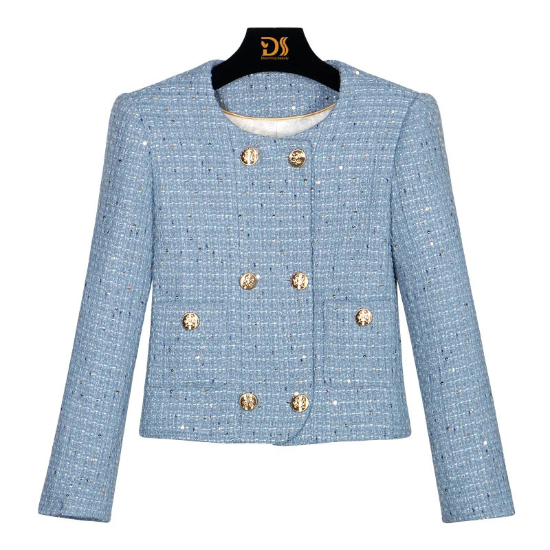 2025春季新款蓝色法式时尚轻奢通勤设计感气质小香风外套2850-1