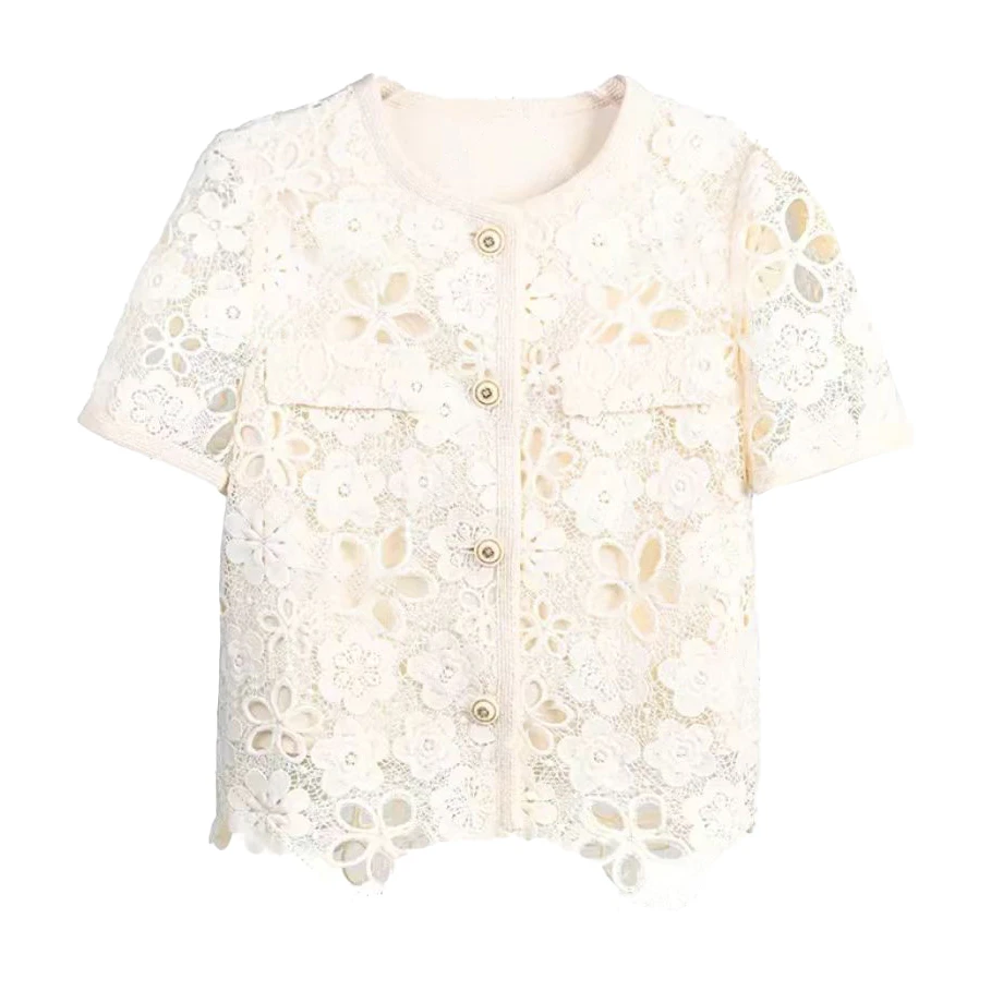 时尚名媛高端气质法式镂空蕾丝花朵休闲短袖28651