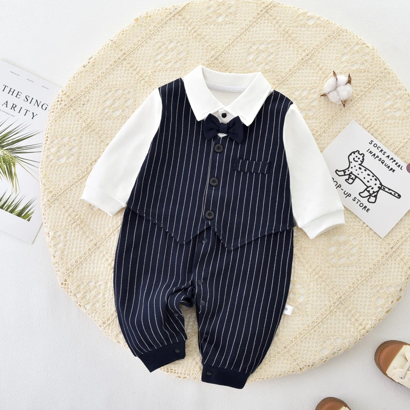 婴儿连体衣春装百天宴衣服男宝宝周岁礼服洋气外出英伦绅士小西装