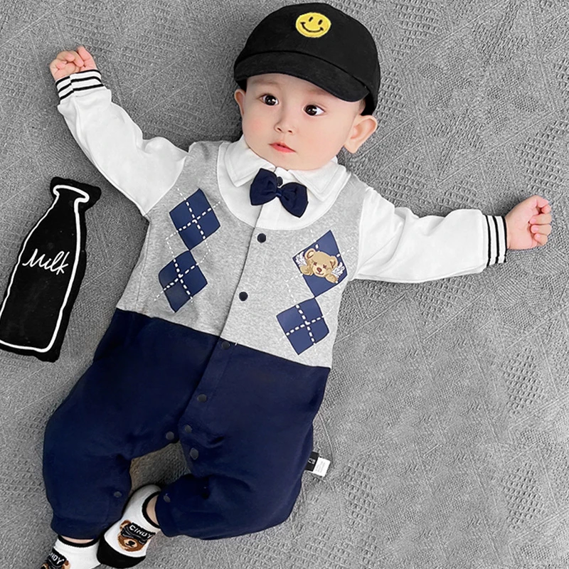 英伦风婴儿连体衣春秋款纯棉洋气绅士男宝宝满月百天哈衣周岁衣服