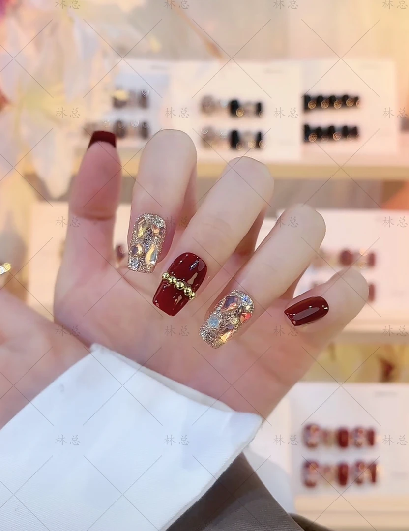 气质红金珠-纯手工穿戴甲-可重复使用美甲