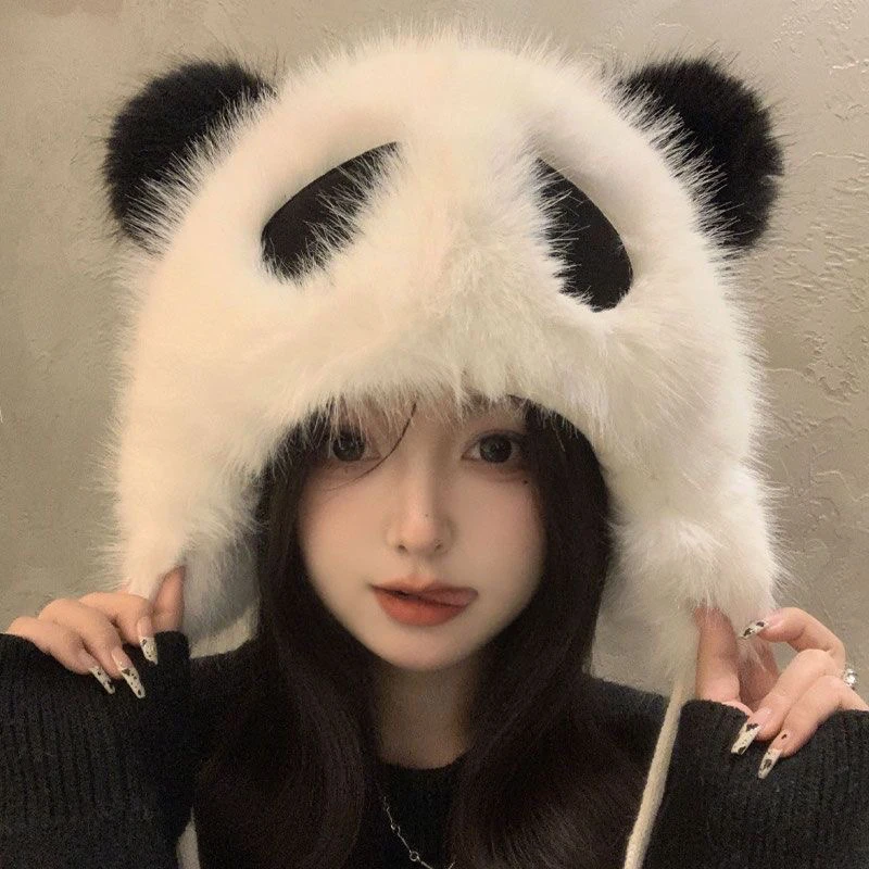 冬季女熊猫毛绒帽子可爱卡通护耳帽毛茸茸保暖雷锋帽防风套头帽潮