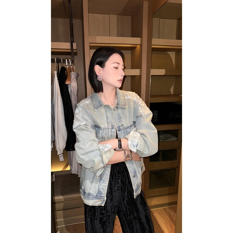 2024早秋新款小众设计感网纱重工拼接时尚气质宽松百搭牛仔外套女