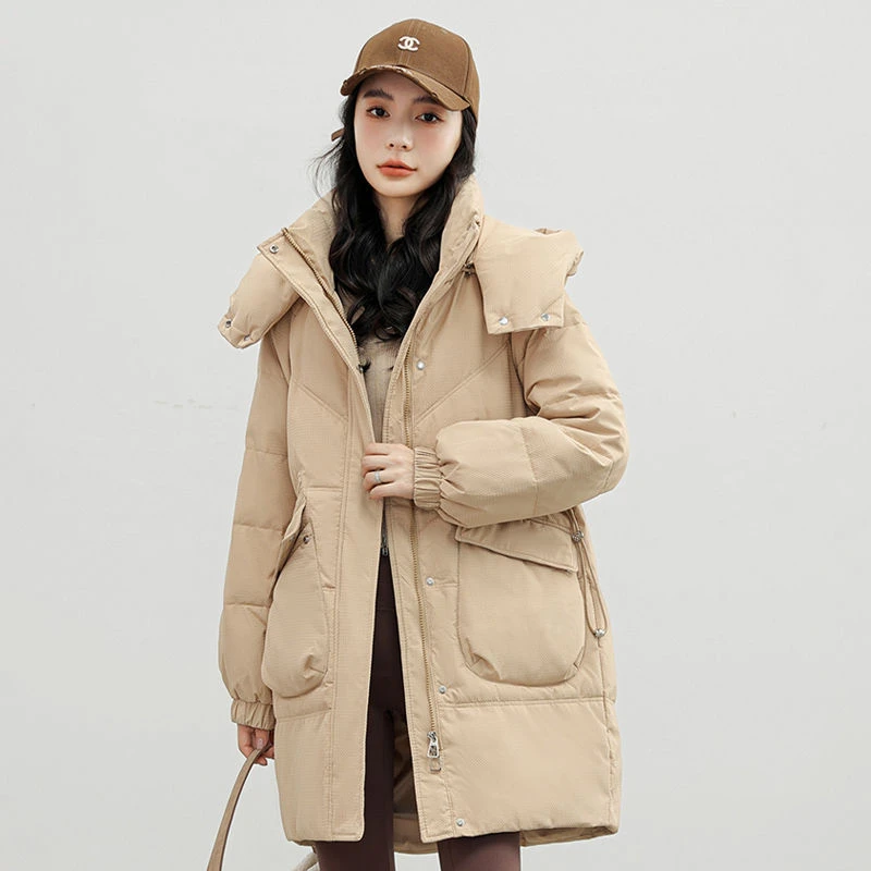2024冬季新款棉衣女中长款韩版收腰羽绒棉服女加厚帽子可拆卸棉袄